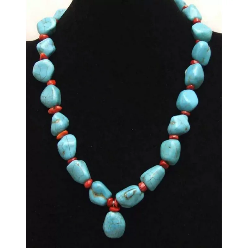 

20'' Natural Baroque 15-20mm Blue Turquoise & Red Coral Gems Pendant Necklace