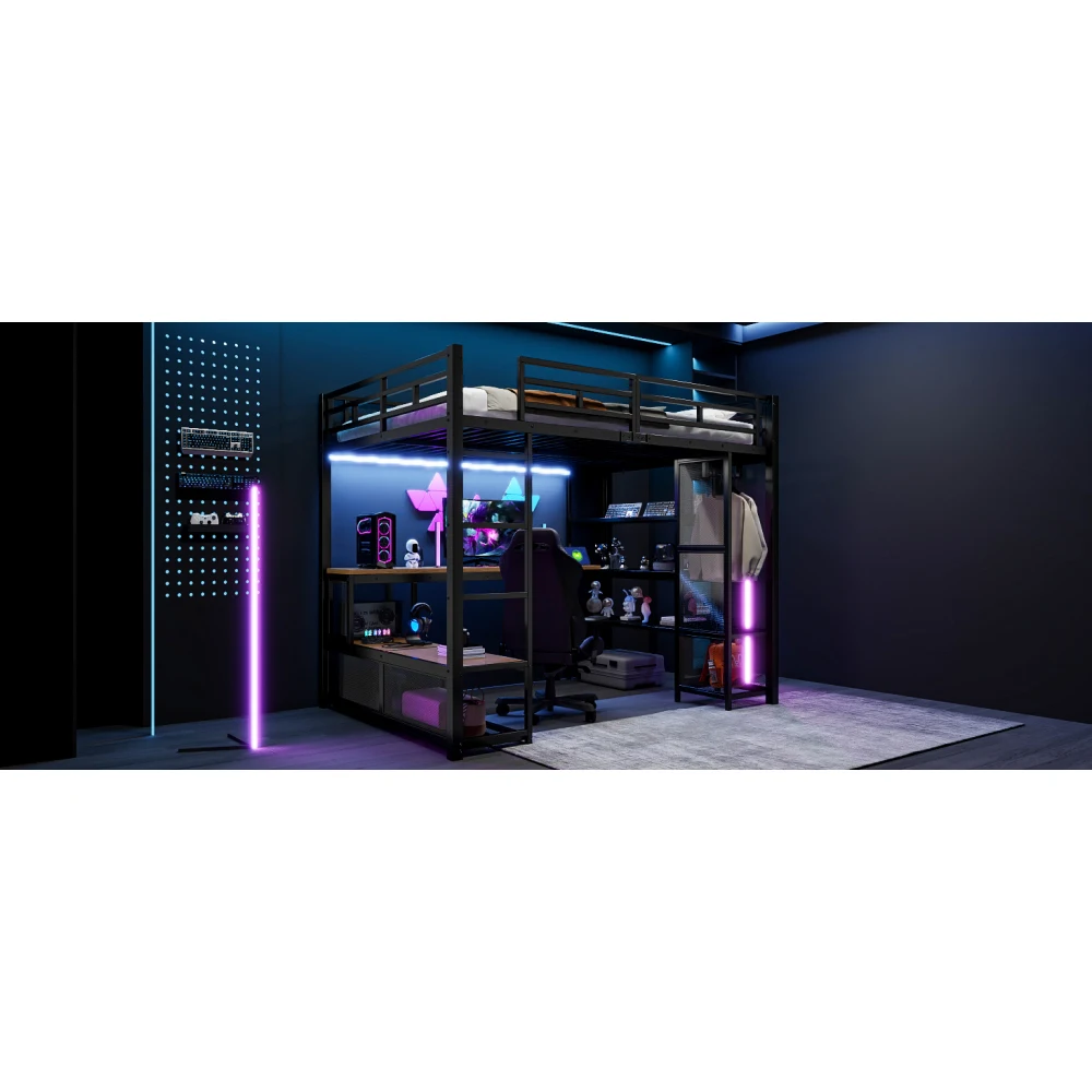 140 x 200 cm großes Hochbett aus Metall mit Stauraum und offenem Kleiderschrank, Kinderzimmerbett mit USB-Anschluss und LED-Beleuchtung, Schwarz/Weiß – Detail 8
