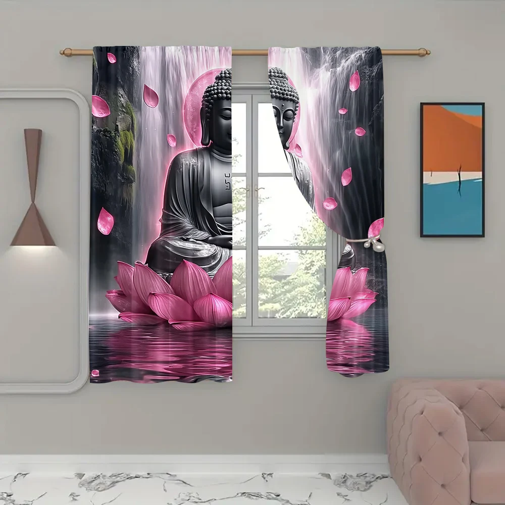 2pc,   Scene Curtains Extraordinary Buddha and Lotus Fabric,Without Electricity Family Party Decoration Suitable for Festive