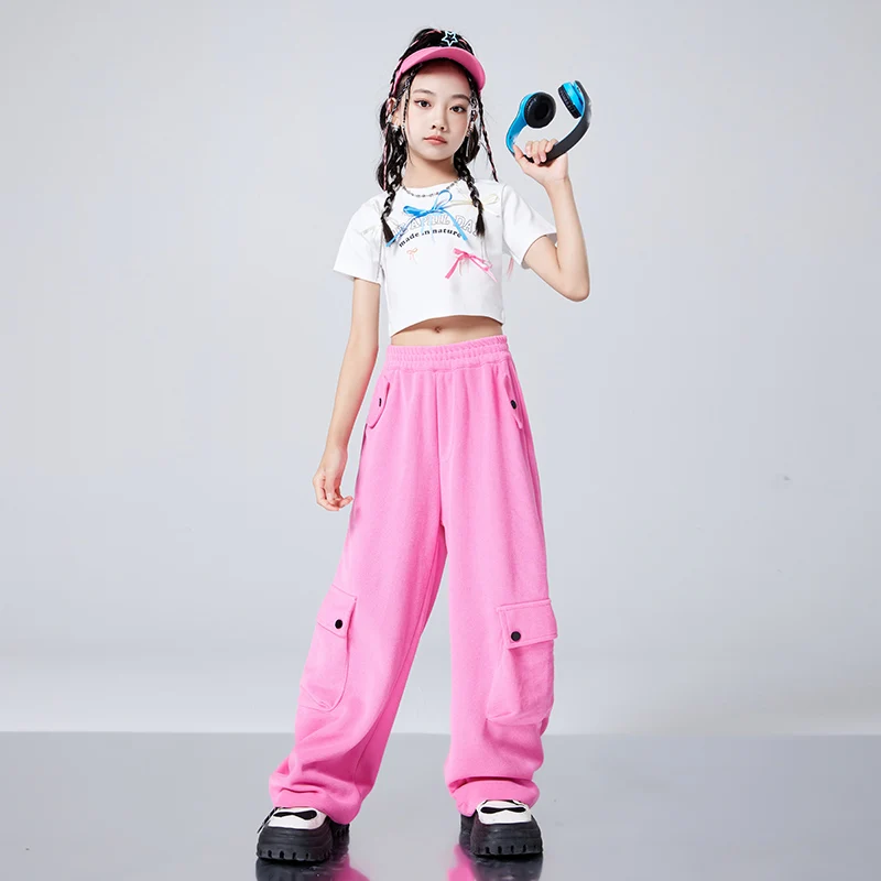 Kids Hip Hop Clothing White Crop Tops Tshirt Streetwear Pink Cargo Pants Streetwear for Girl Jazz Street Dance Costume Clothes