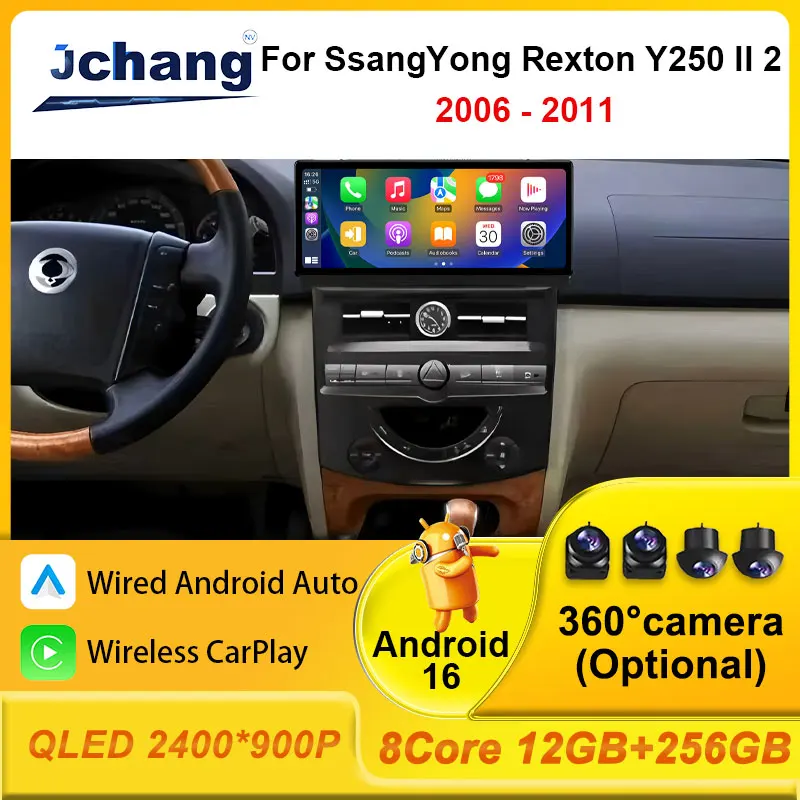 Android 16 Carplay Auto 2K Screen Car Radio Multimedia for SsangYong Rexton Y250 II 2 2006-2011 WIFI+4G DSP Autoradio Stereo GPS
