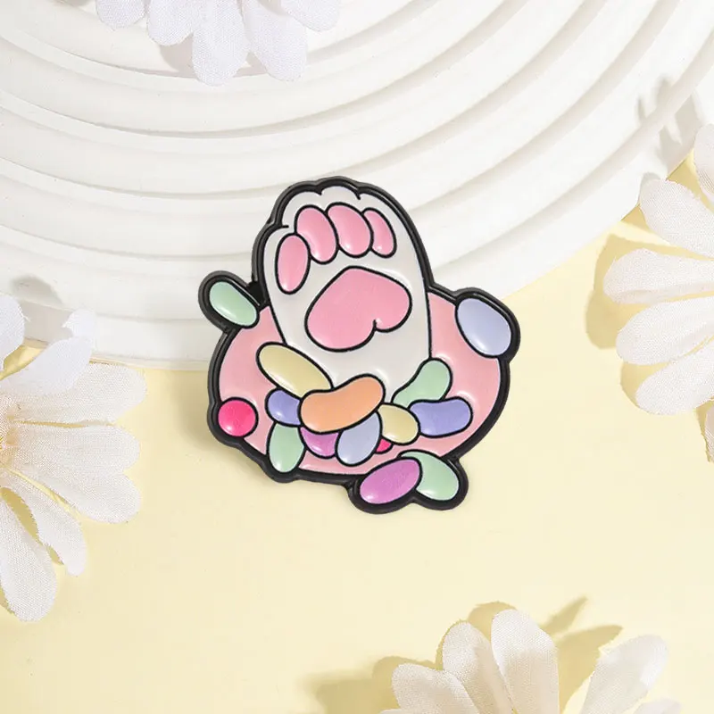 Cute Cat Paw With Colorful Candy Beans Badge Cartoon Macaron Cat Paw Enamel Pins Lapel Pin Badge Backpack Accessory Jewelry Gift