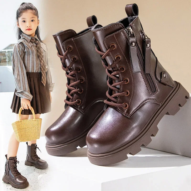 Girls Autumn Soft-Soled Non-Slip Zipper Ankle Boots Comfortable PU Leather Shoes Children School Breathable Casual Campus Kids
