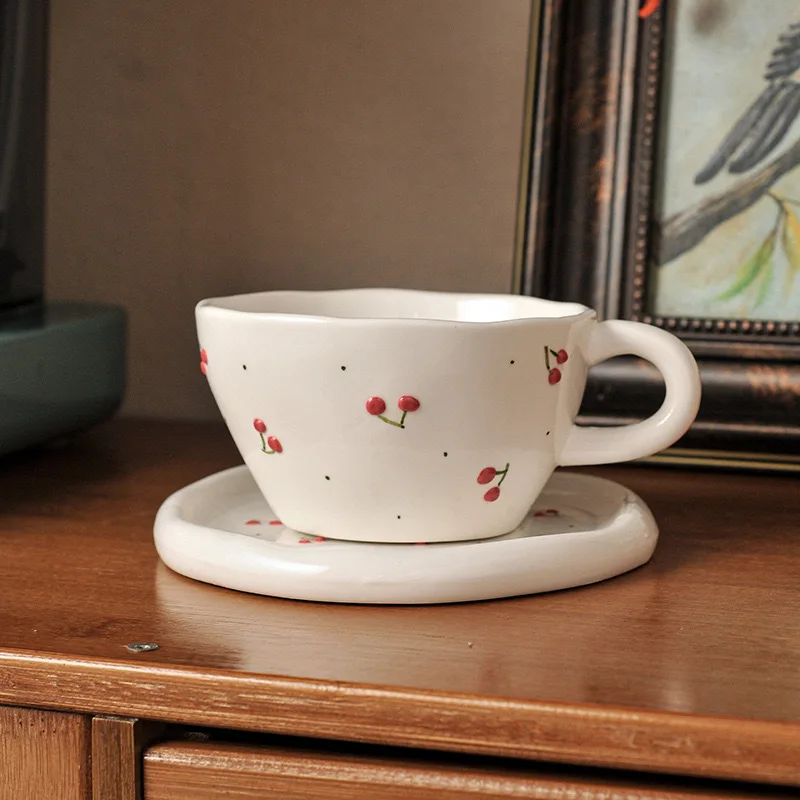 Ins Style Handmade Ceramic Set Cup Saucer Vintage Cherry Pattern Daily Coffee Mug Household Hand Painted Afternoon Tea Cup