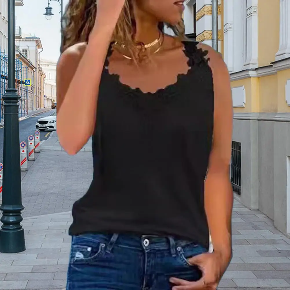 Tops Elegant Lace Sling V-neck Vest for Women Summer Top with Loose Fit Commuter Style Solid Color Wear Option Women Commuter