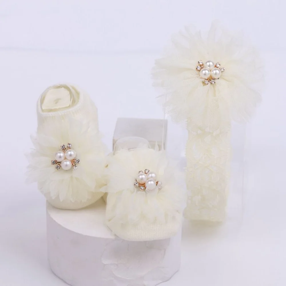 Diadema de perlas para bebé, conjunto de calcetines con lazos antideslizantes, banda para el pelo para recién nacido con flores de encaje