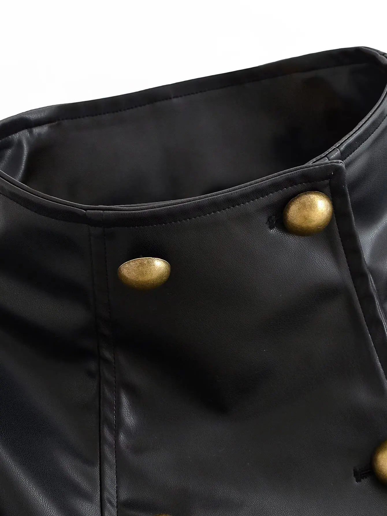Women Stand Up Collar PU Jacket Chic Metal Buckle Faux Leather Black Jacket Leisure Double Breasted Long Sleeves Autumn Outfit