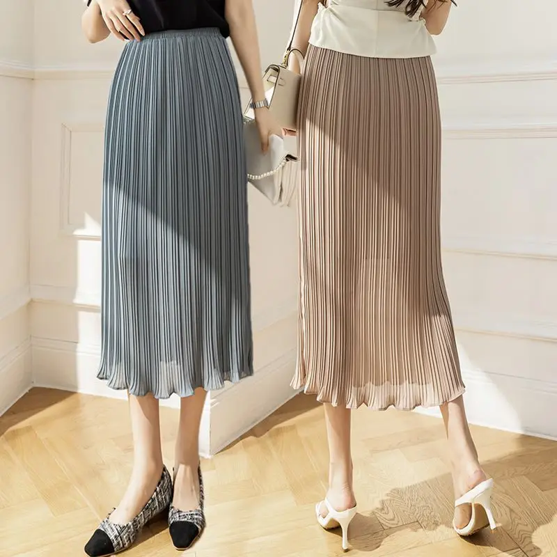 Chiffon Fashion Solid Color Pleated Skirt Women's 2023 Summer New Mid Length Classic A-line Irregular Fishtail Skirt