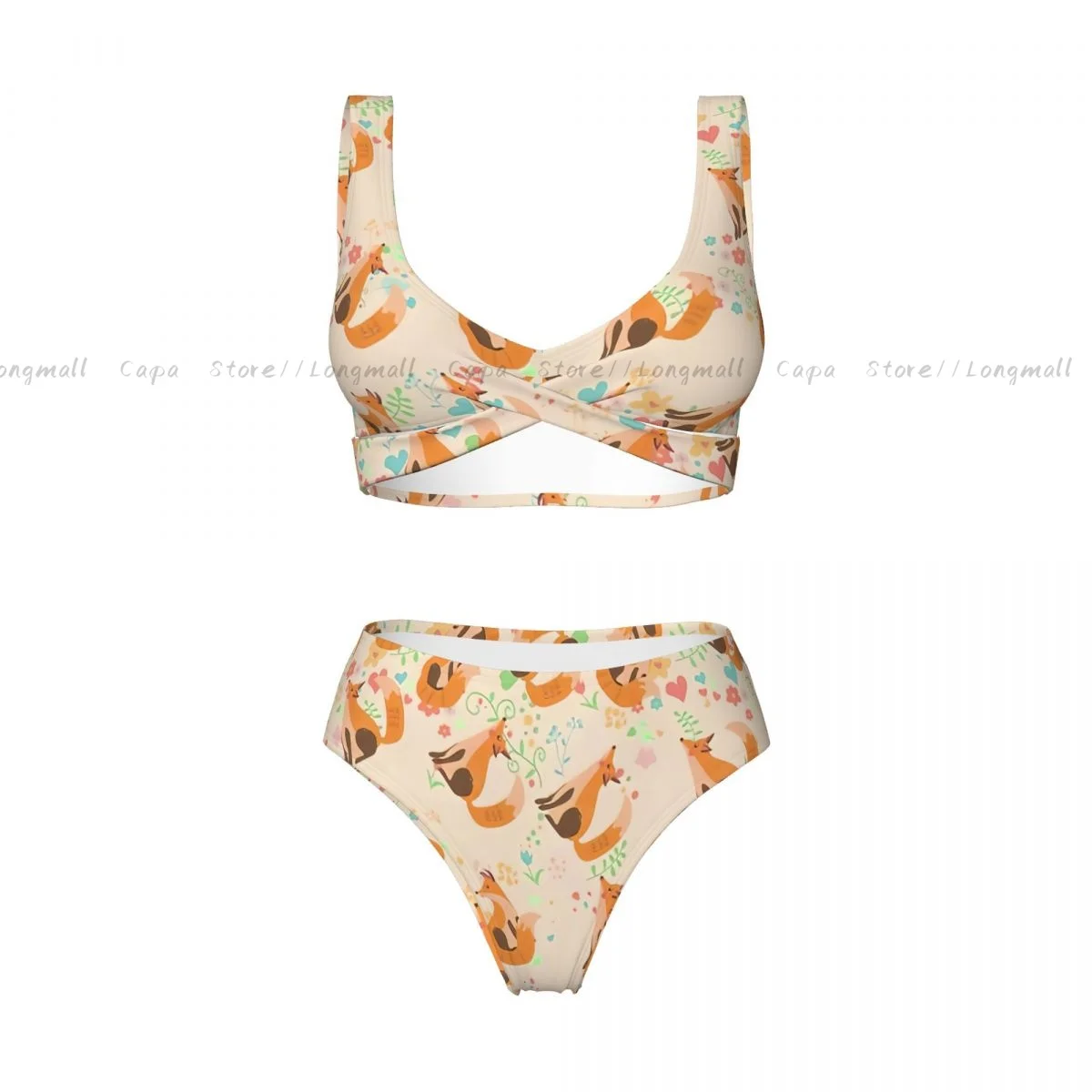 여름 여성 브이 넥 비키니 세트 귀여운 여우 수영복 여성 2 조각 비치 수영복 수영복