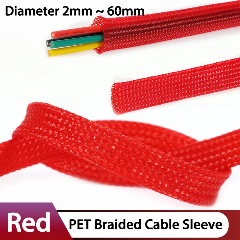

PET Braided Cable Sleeve Red 2/4/6/8/10/12/14/16/20/25/30 ~ 60mm Expandable High Density Insulated Cables Protection Wrap Sheath