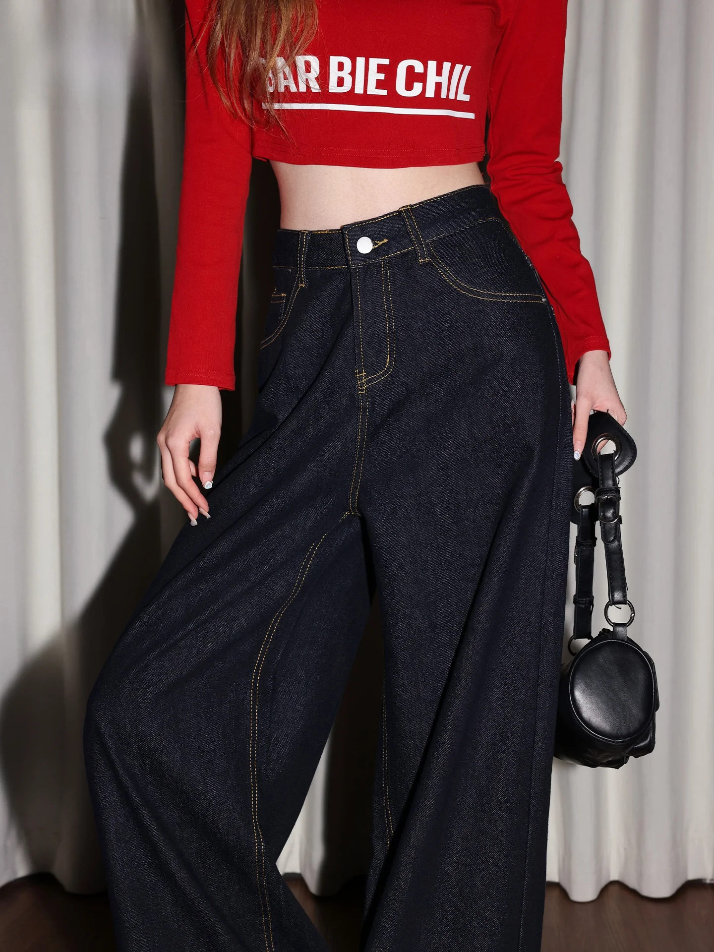 

Американские джинсы Deep Blue с высокой талией и широкими штанинами для женщин, зимние, новые, свободные, прямые, струящиеся, в пол, повседневный стиль