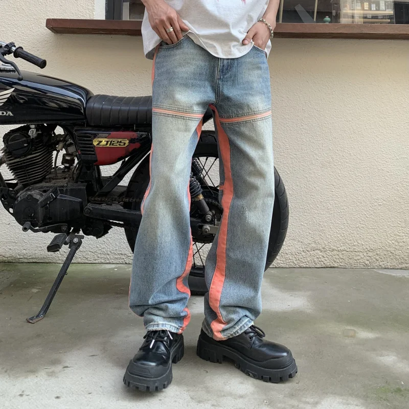 ออกแบบเสื้อผ้าผู้ชายอเมริกันตรงกางเกงยีนส์ผู้ชายหลวมบุคลิกภาพ Splicing Retro แฟชั่น Casual ล้างกางเกงผู้ชาย