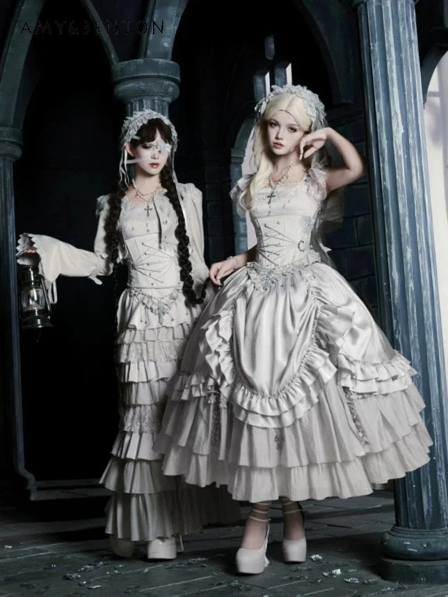 

Subculture Gothic Retro Court Style Lolita Dress Gorgeous Exquisite Fishbone Waist Seal Top Multi-layer Mesh Skirt Two-piece Set