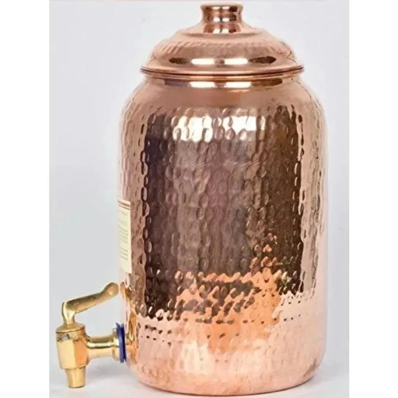 Pure copper water dispenser container pot with 2 glass rollers - 6.5 liters (brown)