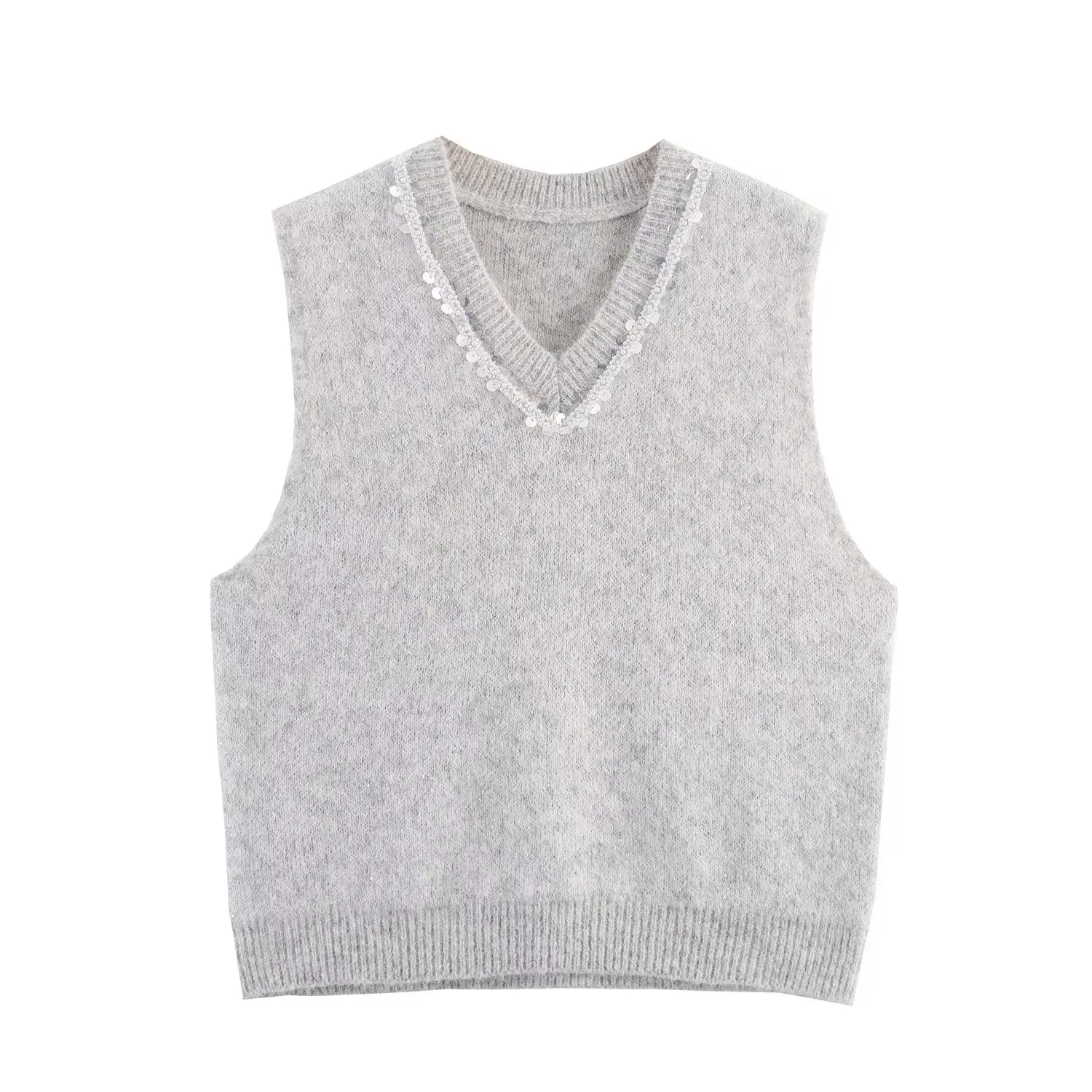 

Korejepo 2025 New Women Clothing European American Style Simple Versatile Sequined Collar Decoration Knitted Vest Top