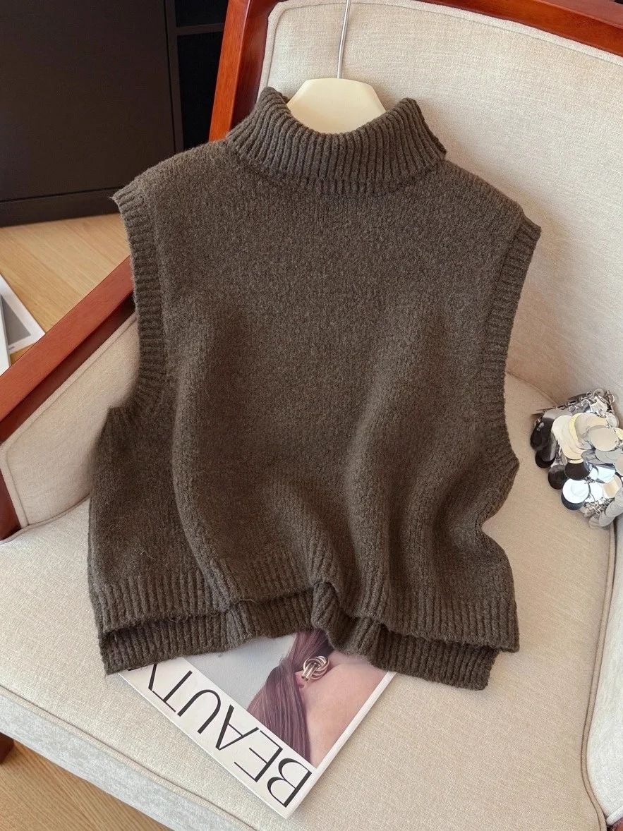

Корейский вязаный жилет с высоким воротником для женщин, осенне-зимняя новинка, модный повседневный свободный жилет-свитер для многослойных образов