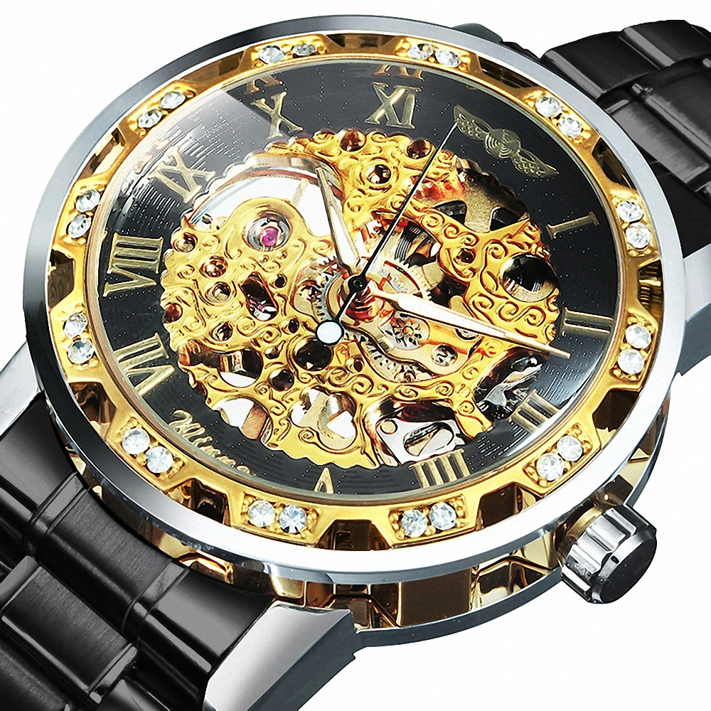 WINNER Unisex Classic Skeleton Mechanical Watch for Men Luxury Retro Iced Out Black Gold Watches Stainless Steel Strap Luminous