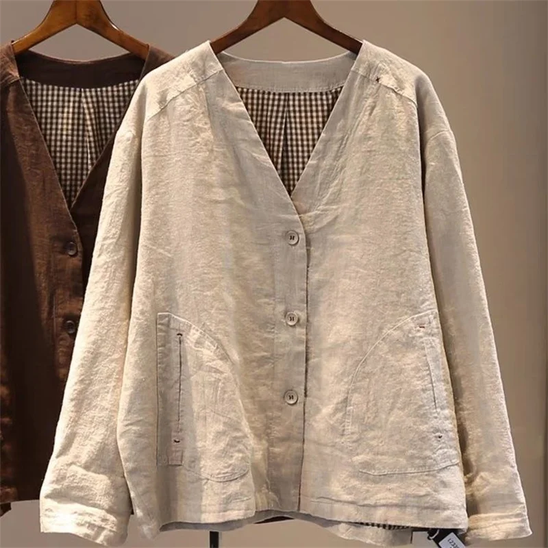 

Весенне-осенняя женская льняная куртка, дышащая повседневная свободная куртка с длинными рукавами, однобортная винтажная верхняя одежда JJ971