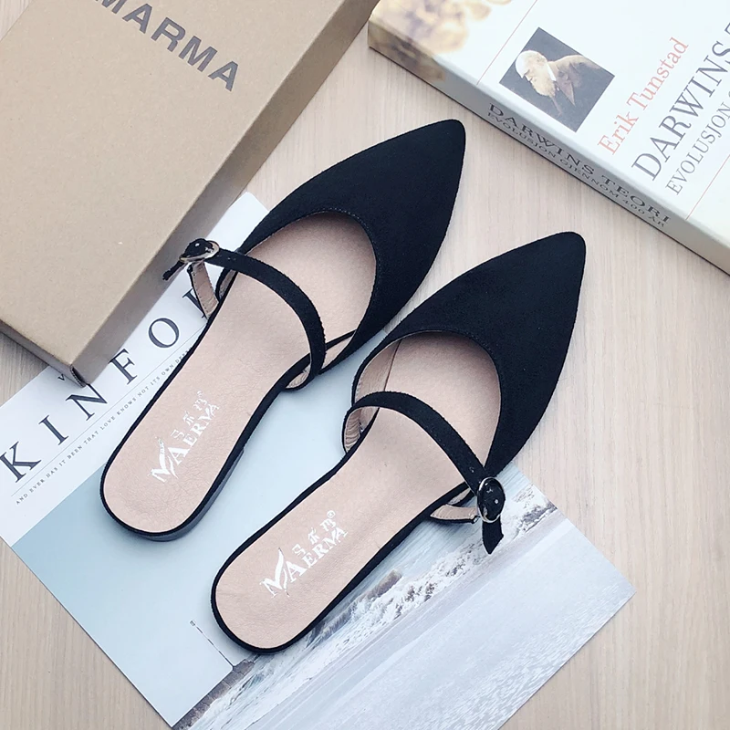 Women Sandals Black Pointed Shoes Women Flats Casual Shoes Sandalias De Mujer Large Size 42 43 33 34 Flat Shoes No Back Slippers