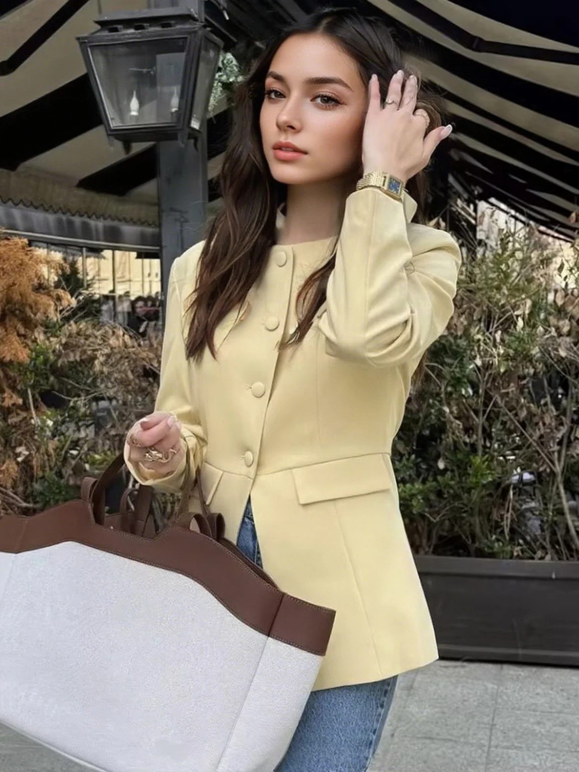 สีเหลือง Blazer Coat ผู้หญิงแฟชั่น Elegant กระเป๋าเดี่ยว O-คอเสื้อสูทสํานักงาน 2025 ใหม่ฤดูใบไม้ร่วงลําลอง Outwear