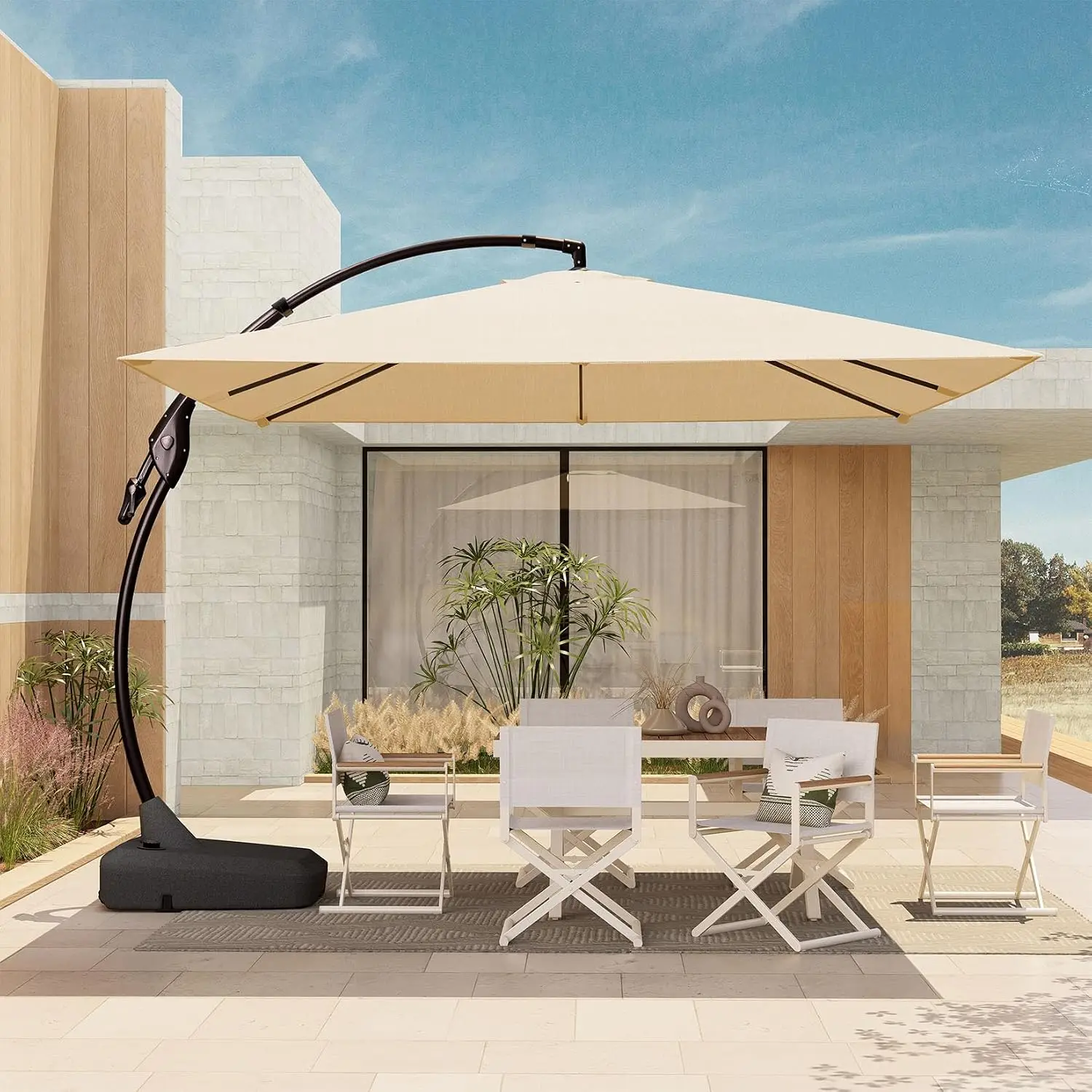 10x10 FT Sunbrella Square Cantilever Umbrella with Base, Flax | 10x10FT Large Outdoor Hanging Offset Umbrella,, Customized