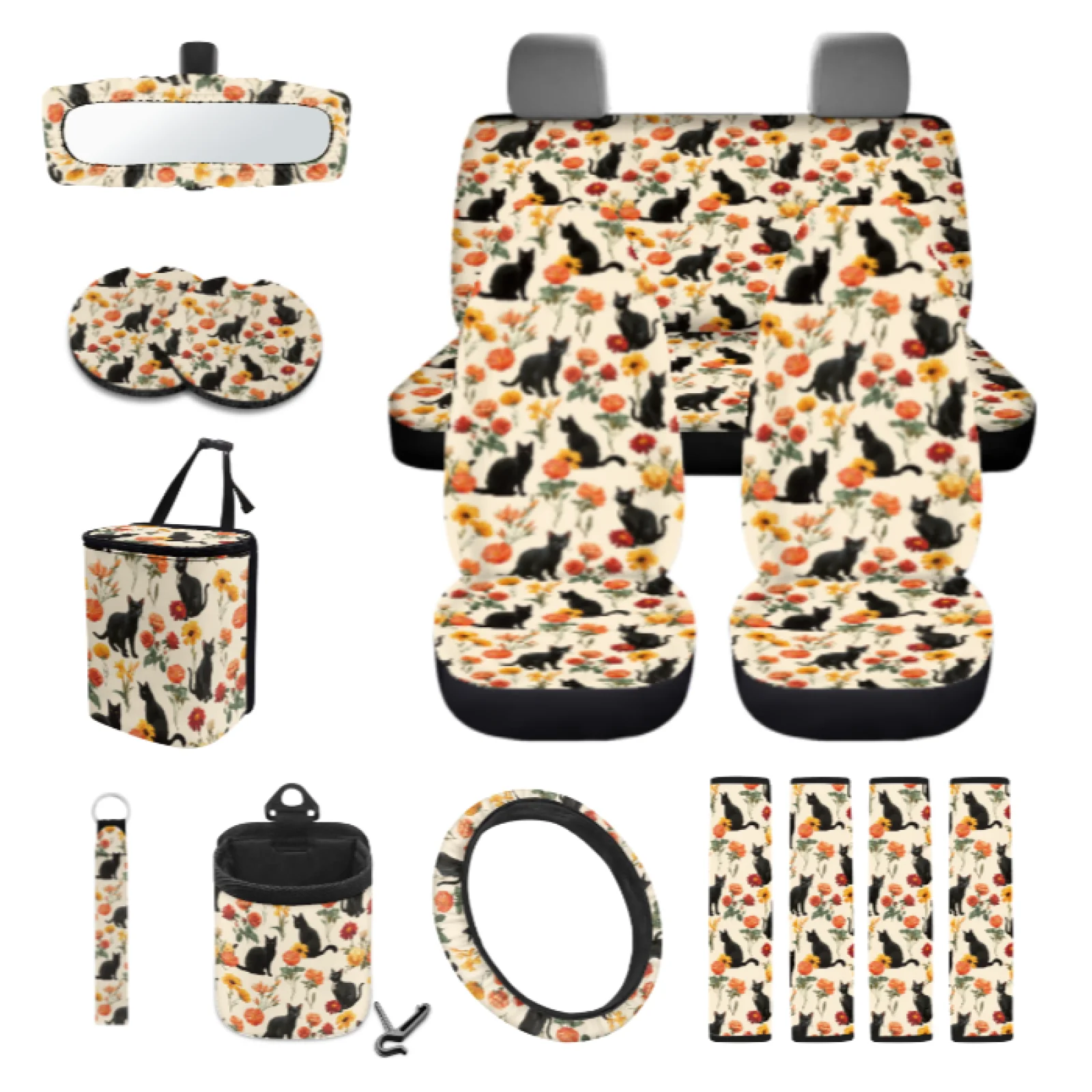 Coloranimal Cat Floral 15 Pack with All-in-One Car Steering Wheel Cover and Car Coasters for Van