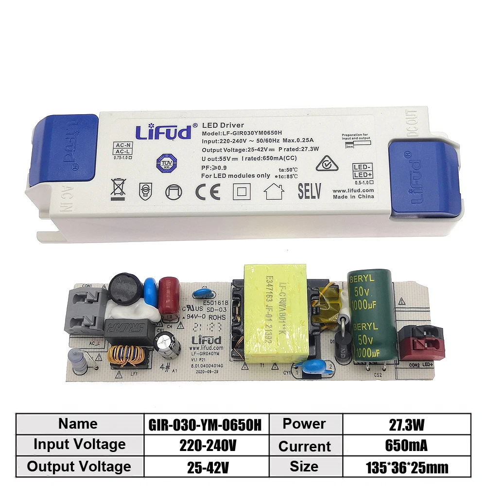 Lifud LED Driver 25W-31W 600mA 650mA 700mA 750mA LF-GIR030YM 25-42V High PF Contant Current Isolation Lighting Transformer