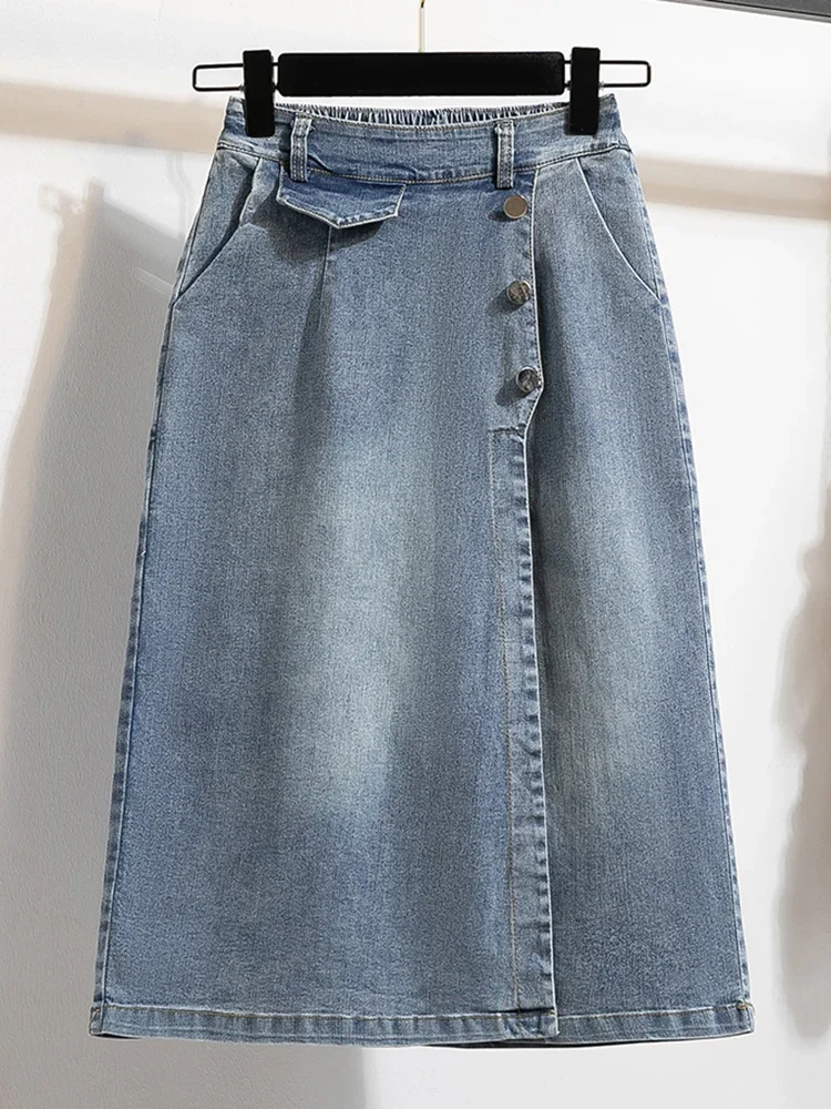 2025 New Plus Size Denim Skirt Women Autumn High Elastic Waist Blue Color Jeans Skirts With Lining Korean Style Casual Skirt