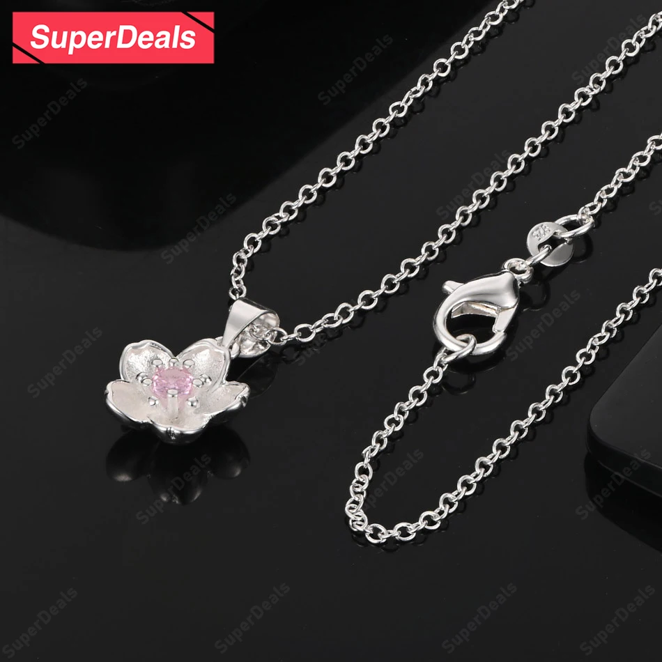 

SuperDeals 925 Sterling Silver Pink Zircon Flower Pendant Necklace Classic Luxury Beautiful Jewelry Lady Engagement Jewelry Gift