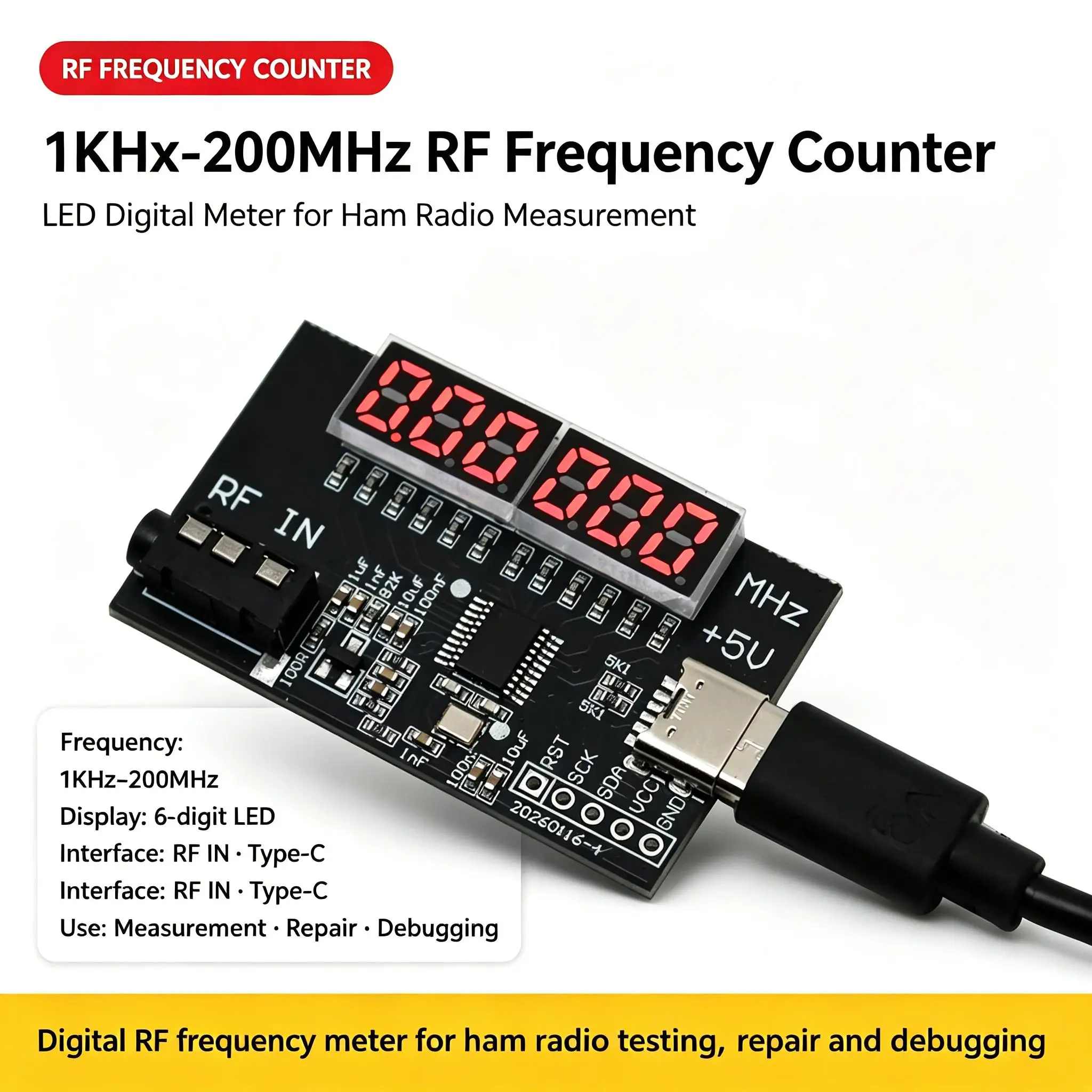 DYKB Frequency Counter 1KHz-200MHz RF Signal LED Display Digital Frequency Meter Ham Radio Measurement Repair Debug Test Module