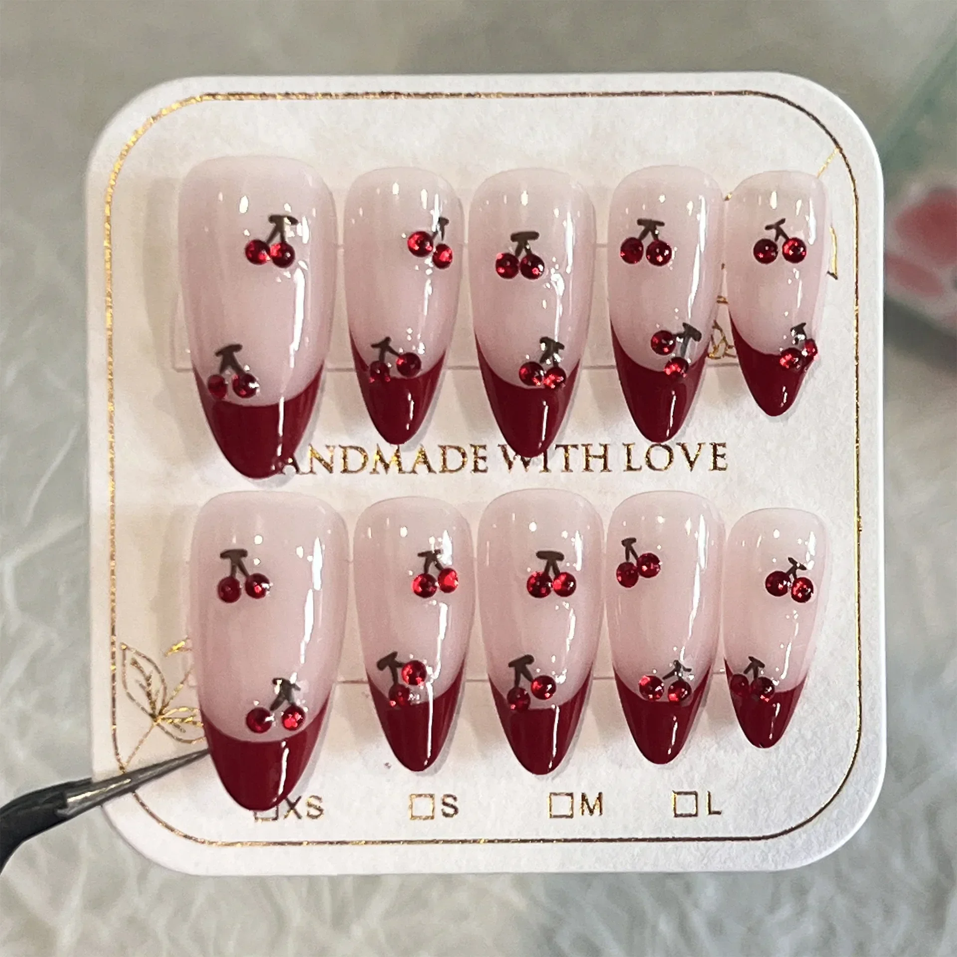 10Pcs Short 3D Cherry Press on Nails Almond French False Nail with Red Edge Fake Nails Full Cover Wearable Ballet Tip With Glue