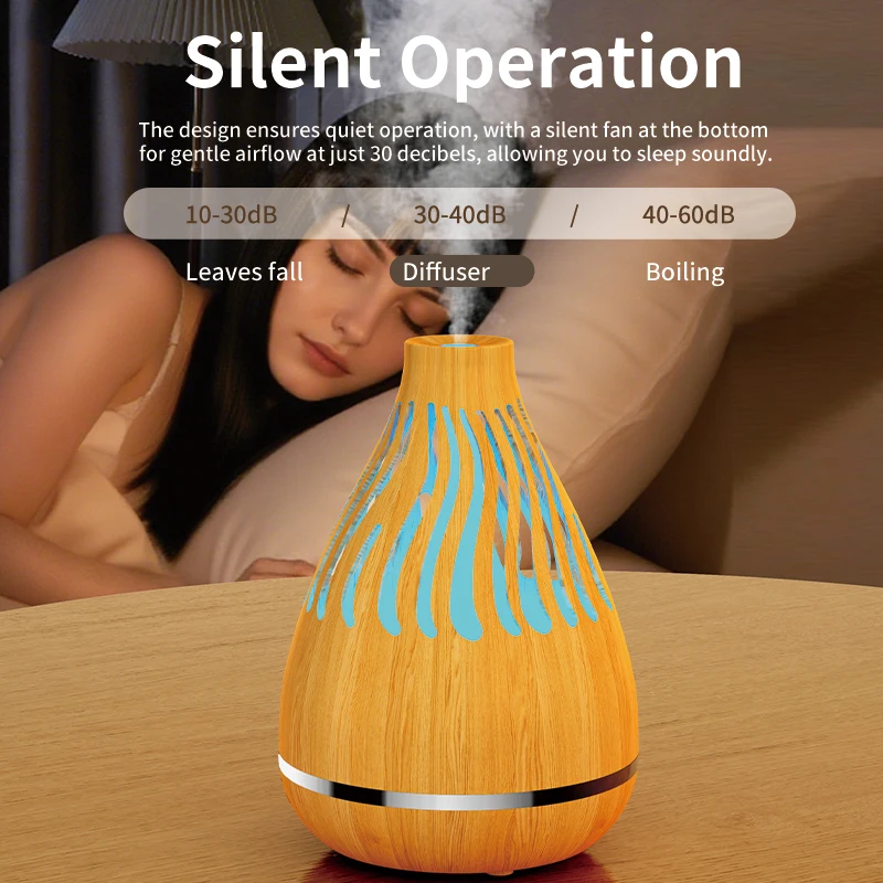 300ML Ultrasonic Water Drop Wood Grain Aroma Diffuser Spray Machine Auto Shut-Off Quiet Air Humidifier for Bedroom Office Home