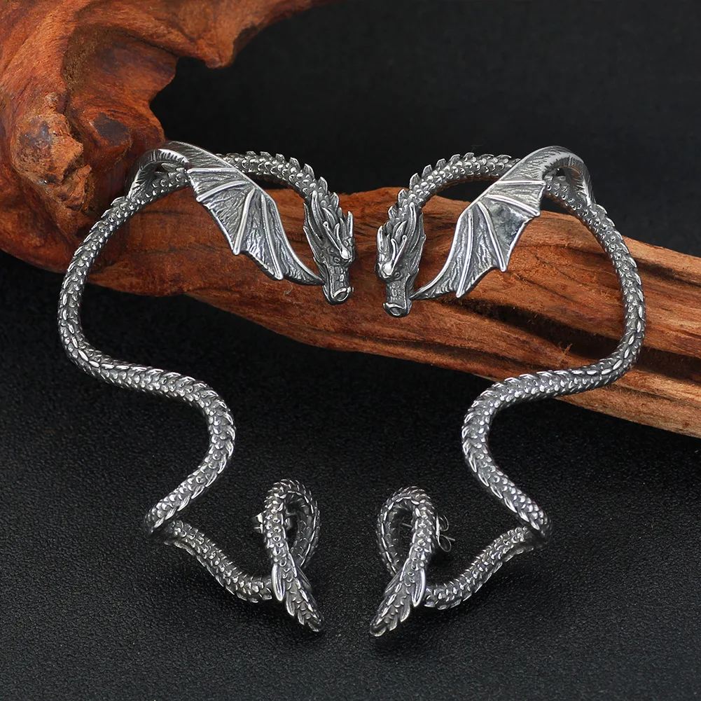 Stainless Steel Dragon Earrings Retro Punk Gothic Dragon Earrings Winding Clip Titanium Steel Stud Earrings Tide