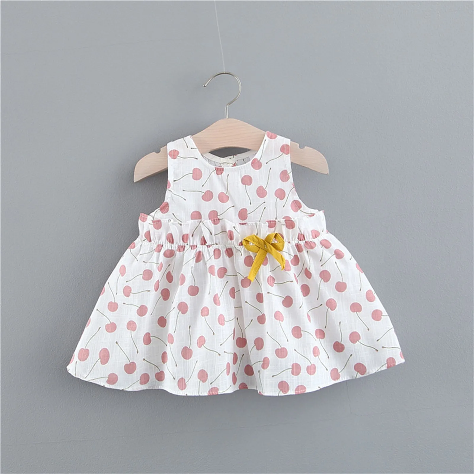 2Pcs Infant Baby Girl Suspender Dress Cherry Printed Summer Princess Dress Vacation Beach Sundress For Girls 6 12 18 24 Months