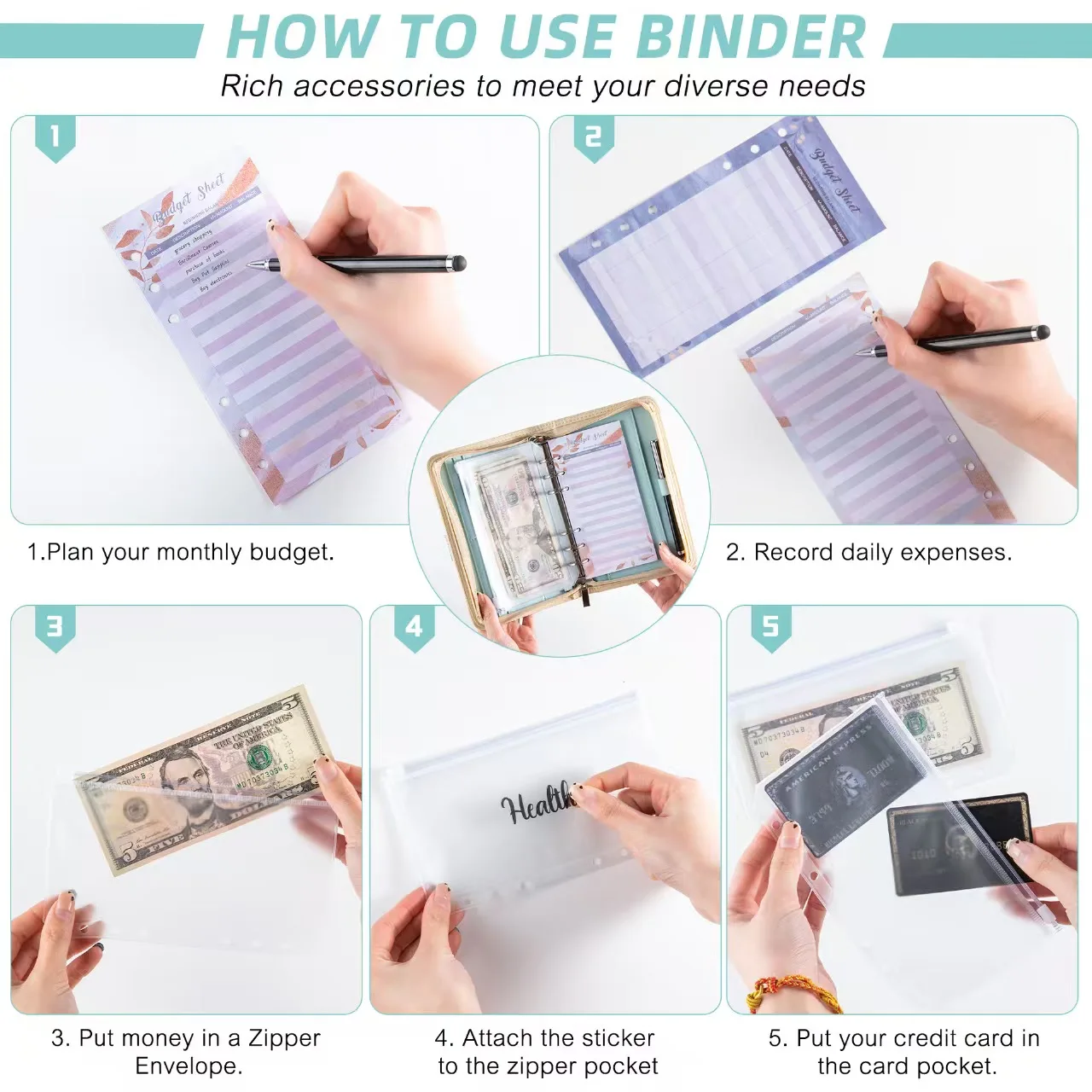 ميزانية سحاب مطورة جديدة هذا المجموعة، مجلد جلد PU ملون A6، توفير المال للمنظمين/المخططين