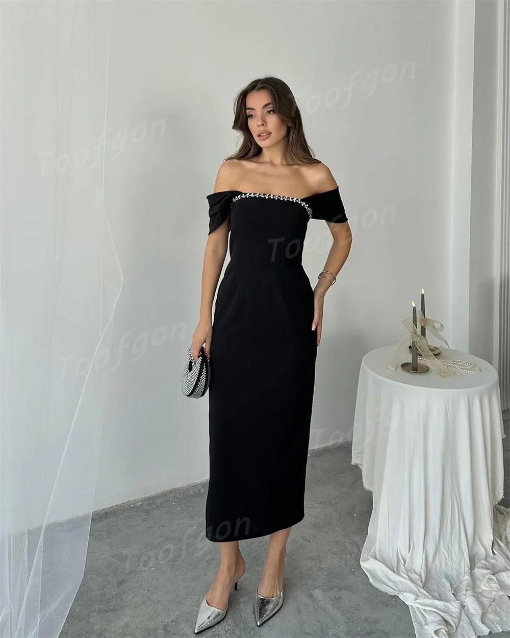 Toofgon Sexy Beaded Square Mermaid Prom Dresses Customized Wide Strap Women Formal Party Dresses Slit Wedding Engagement Gown