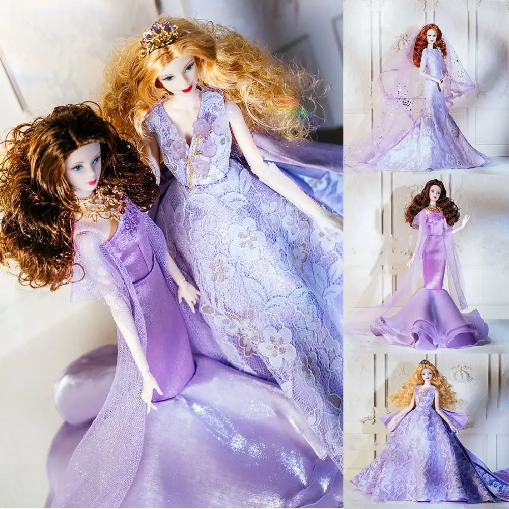 European Fashion Supermodel Doll Dresses Luxury Collector Gift Diamond Lace Clothes Purple Handmake Lace Wedding Dresses