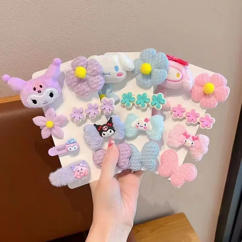 Cartoon Sanrio Kuromi Plush Hair Clip Cute My Melody Cinnamoroll Soft Children's Hair Accessories Set Girls Holiday Gifts