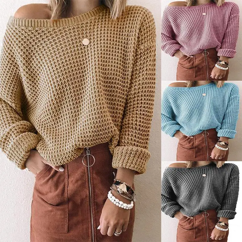 

Women's Diagonal Collar Long Sweater Knitted Top Medium Thin Suitable for Winter Season Pure Color with Splicing Elements
