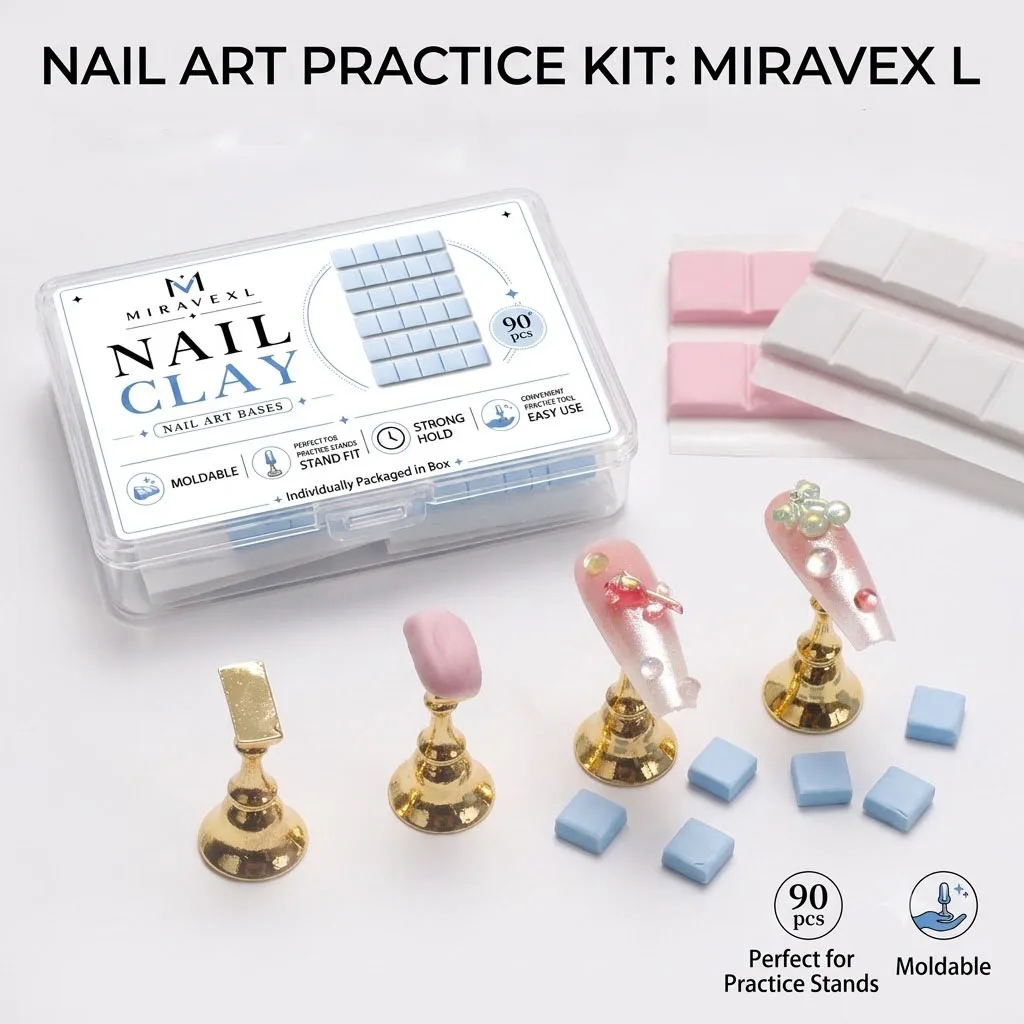 Moldable Nail Clay Base 90Pcs for Practice Stand, Strong Hold Reusable Adhesive Putty, Nail Art Tips Holder DIY Manicure Tool