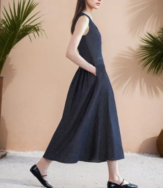 

Women's Summer V-Neck Long Skirt Casual Loose Fit Sleeveless Dress with Pockets Temperament Maxi Dress