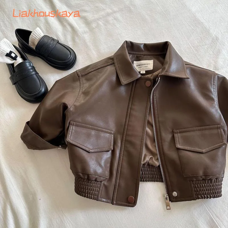 2026 New Kids PU Leather Jacket Spring Turn Down Collar Short Coat Boys Girls Outerwear For 2-10 Years Toddler Motorcycle Jacket