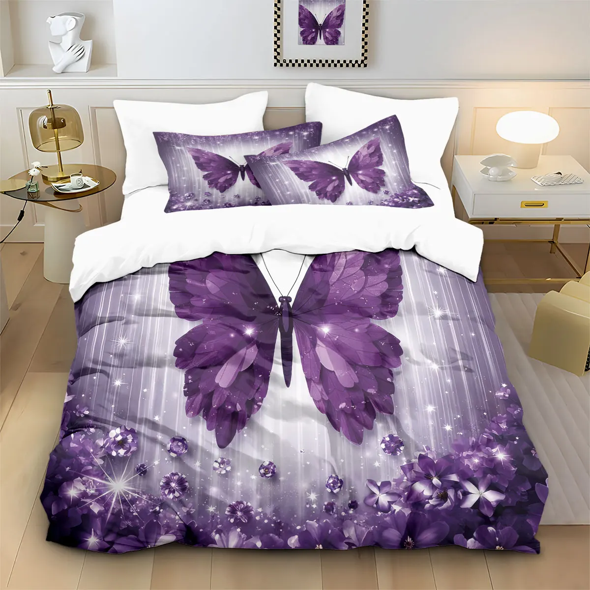 3pcs Purple Butterfly Printed Coreless Duvet Cover Set, Multi Size Bedroom Bedding Decoration, Machine Washable