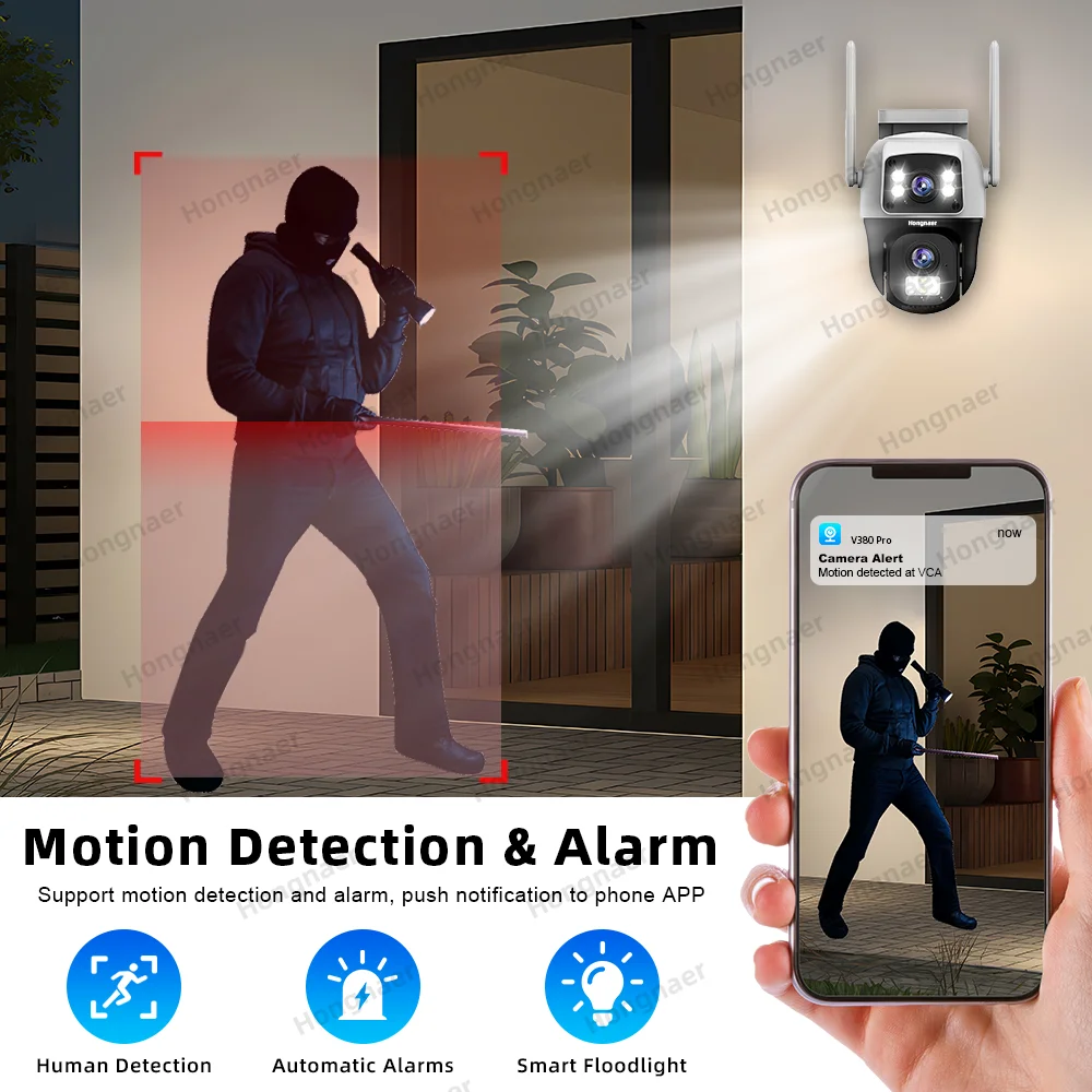 Hongnaer 8MP Dual Lens V380 Pro 4K Night Vision Smart CCTV PTZ IP Wireless WiFi Home CCTV Network Security Outdoor Camera