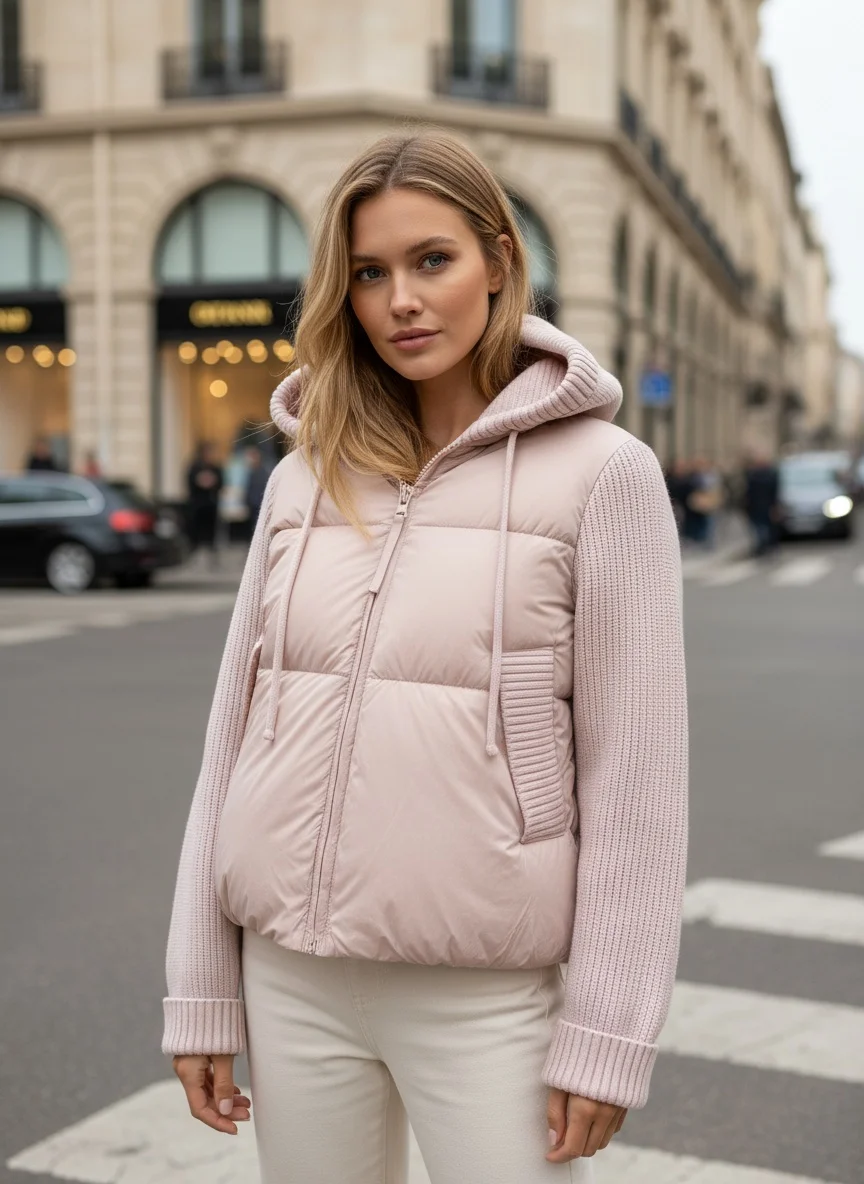 

Heavy Industry Knitted Sleeve Splicing Cotton Coat for Women Autumn Winter Fashion Trends Versatile Slimming Pink Cotton Jacket