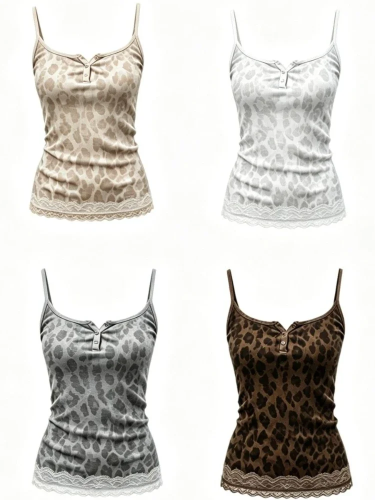 Streetwear Leoparden-Vintage-Knopf-Tanktop Damen Spitzen-Patchwork Y2k Ästhetische Weste Sommer Harajuku Bodycon Rückenfreies Trägertop