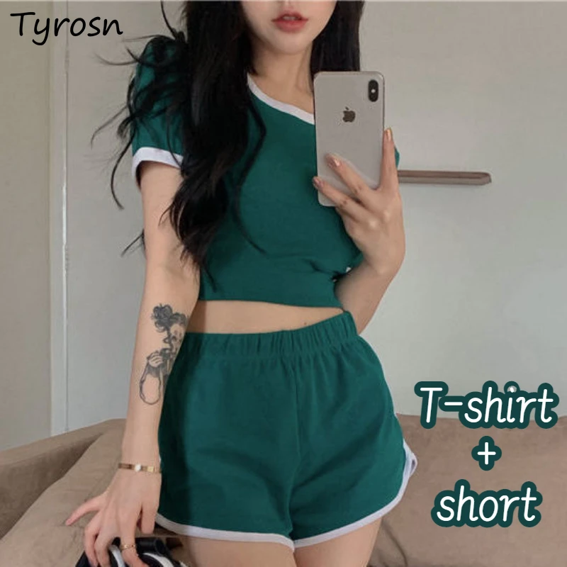 Shorts Sets Women 2 Pieces Panelled Design New Slim T-shirts Korean Style Ladies Sexy Fashion Summer Casual Daily Comfortable