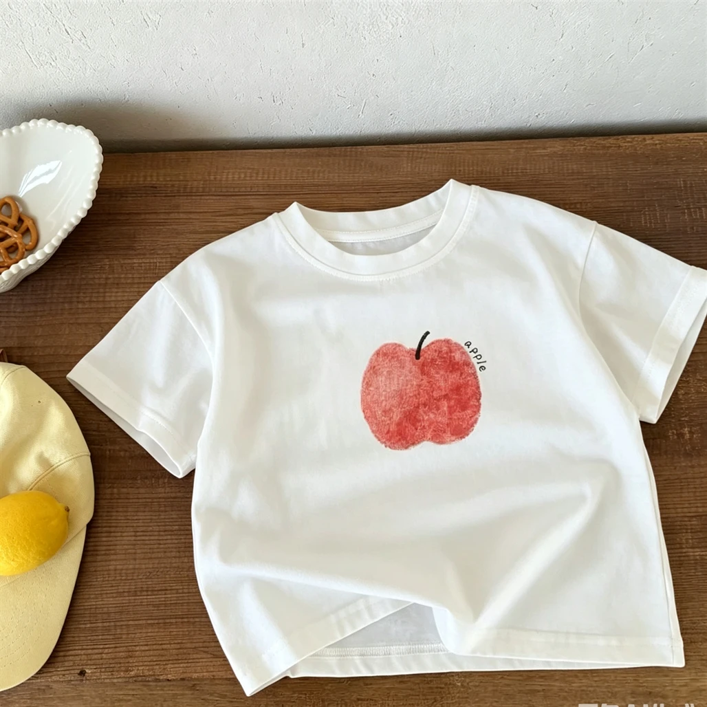 Apple T Shirt For Boys And Girls Pure Cotton Summer Clothes Round Neck Base Shirt Toddler New Loose Casual Short Sleeve Tops