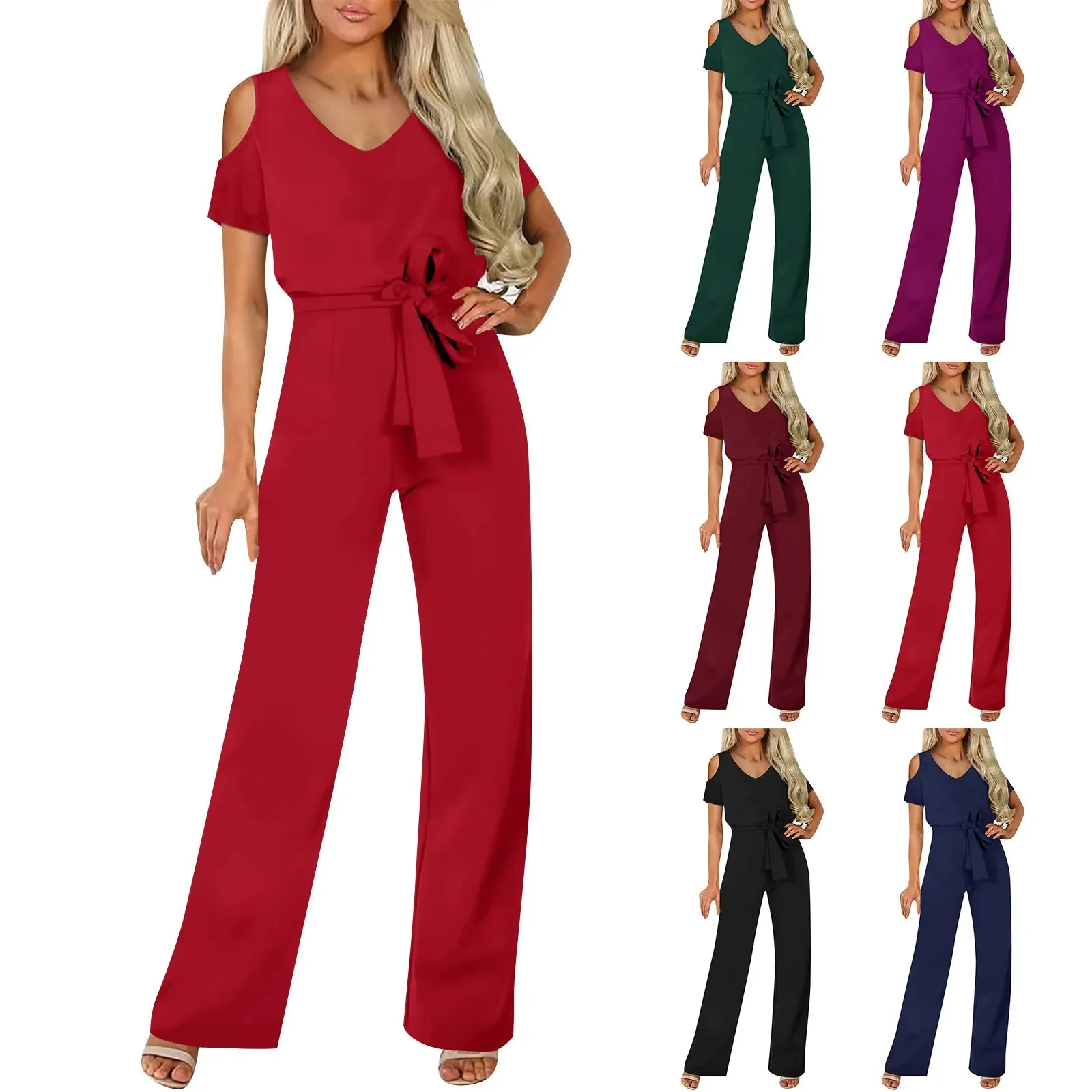 

Women Jumpsuit Elegant Short Sleeve Hollowed Waist Tie Solid Summer Wide Leg Pants Bodysuit Overalls Wide Leg Cropped Pants