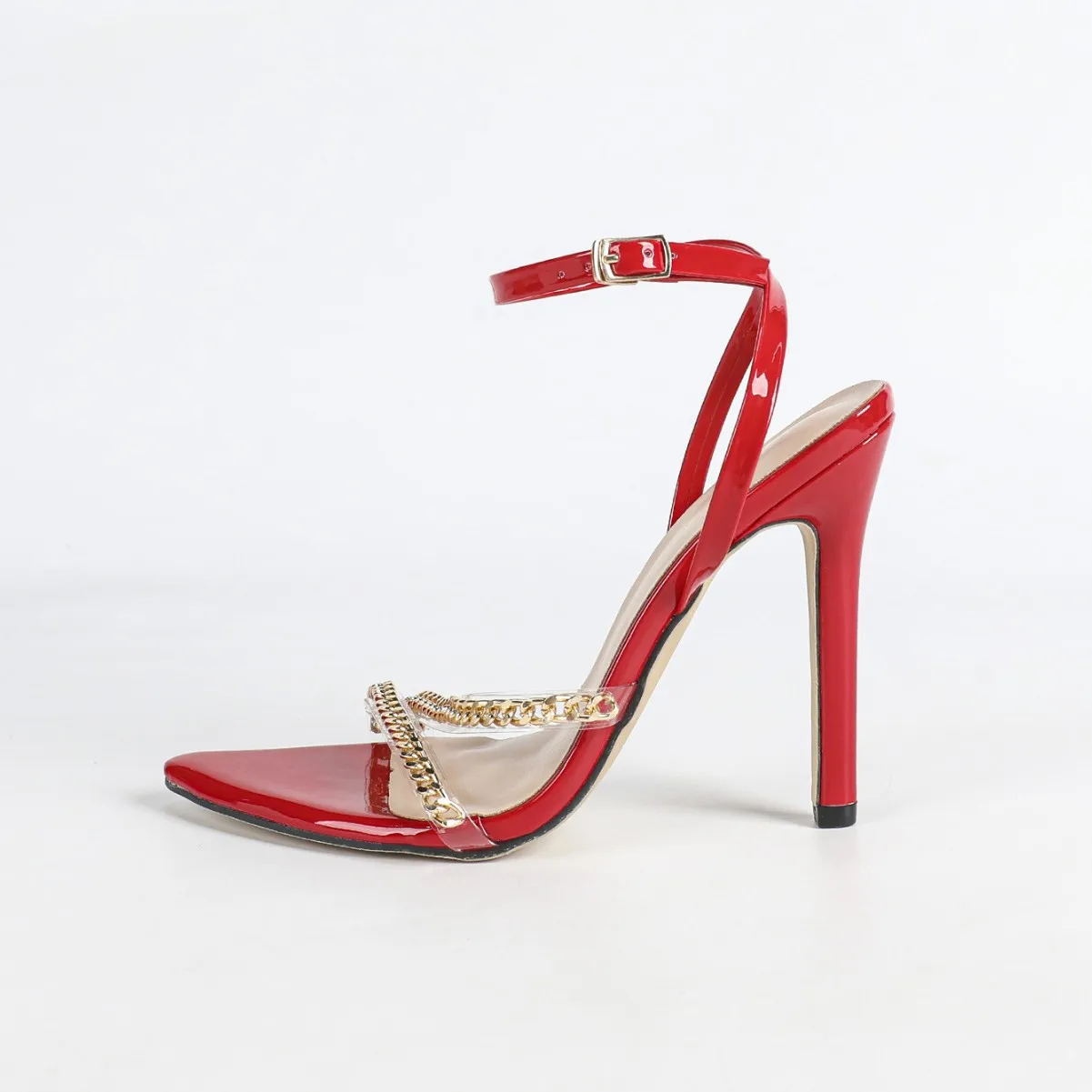 

Metal Chain Stiletto Sandals Ankle Strap Leather Women Luxury High Heels Open Pointed Toe Fashion Party Dress Summer Shoes